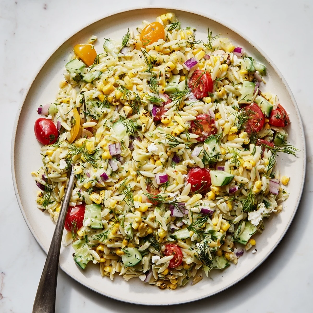Served chilled in a white bowl, the Grilled Corn Orzo Salad with Scallion Dill Dressing highlights smoky notes and creamy feta.
