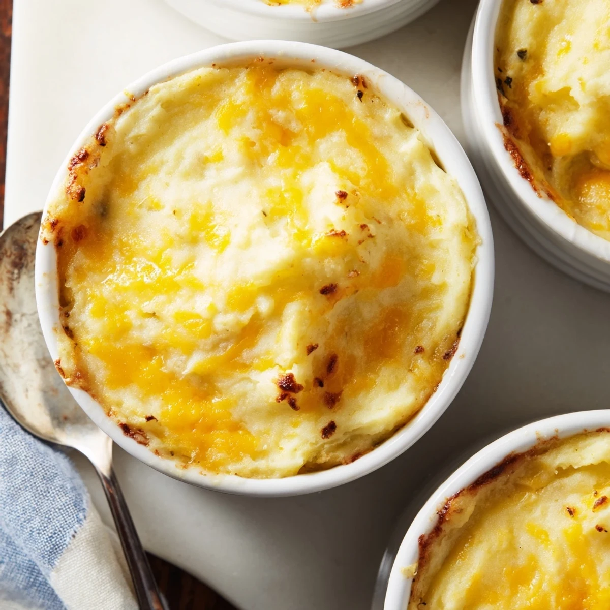 Six individual Mini Shepherds Pie servings sit on a tray, garnished with fresh thyme and ready to enjoy.