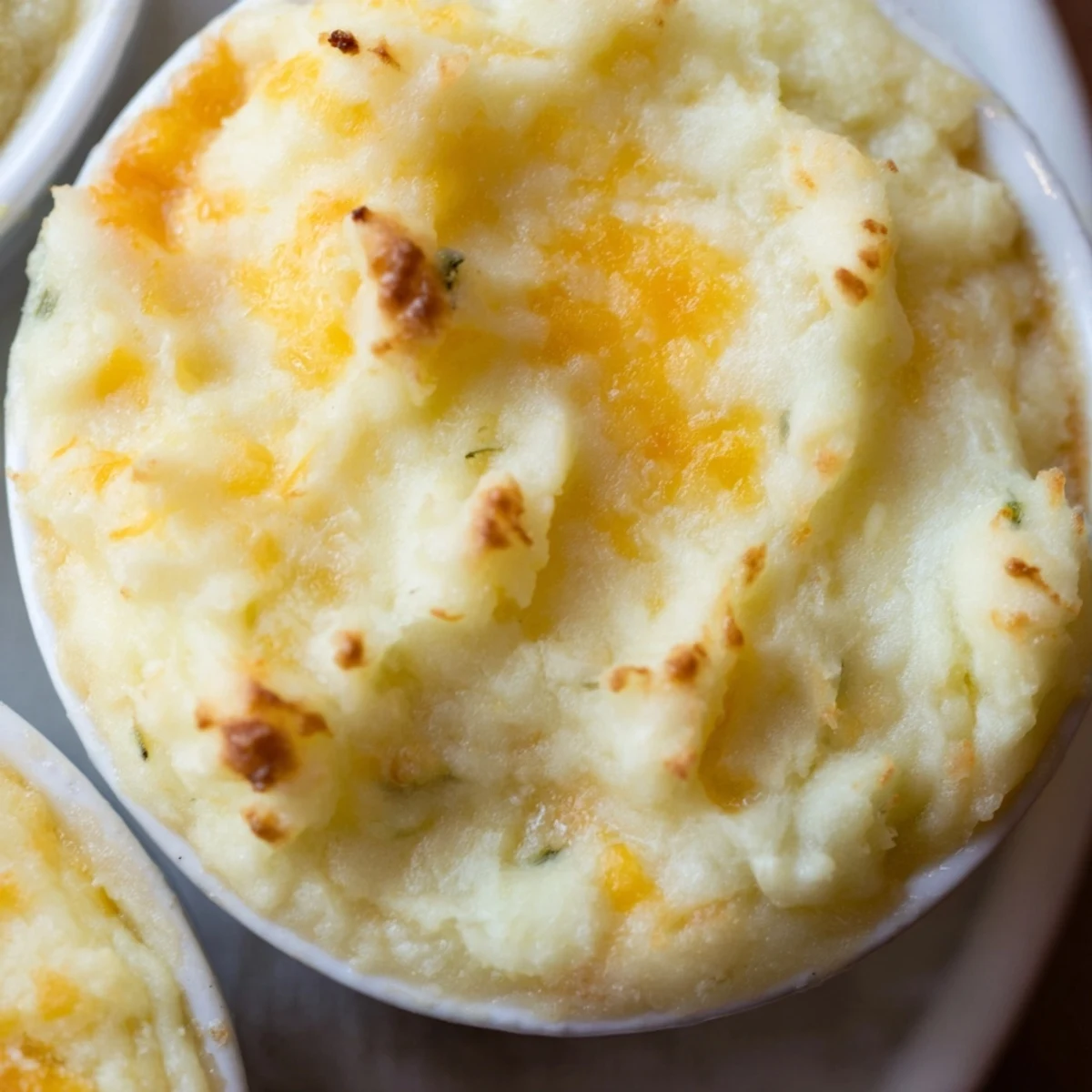A close view of a Mini Shepherds Pie showing layers of minced meat, peas, carrots, and cheesy potato topping.
