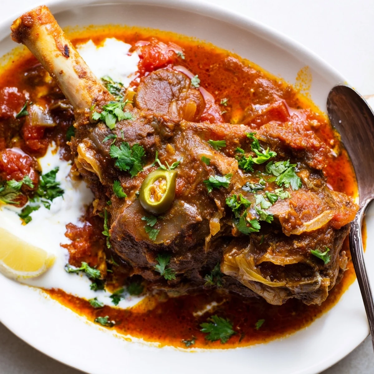 Fork-tender Slow Cooked Indian Lamb Shanks in a fragrant, spiced curry sauce, served over fluffy basmati rice with a lemon wedge. 