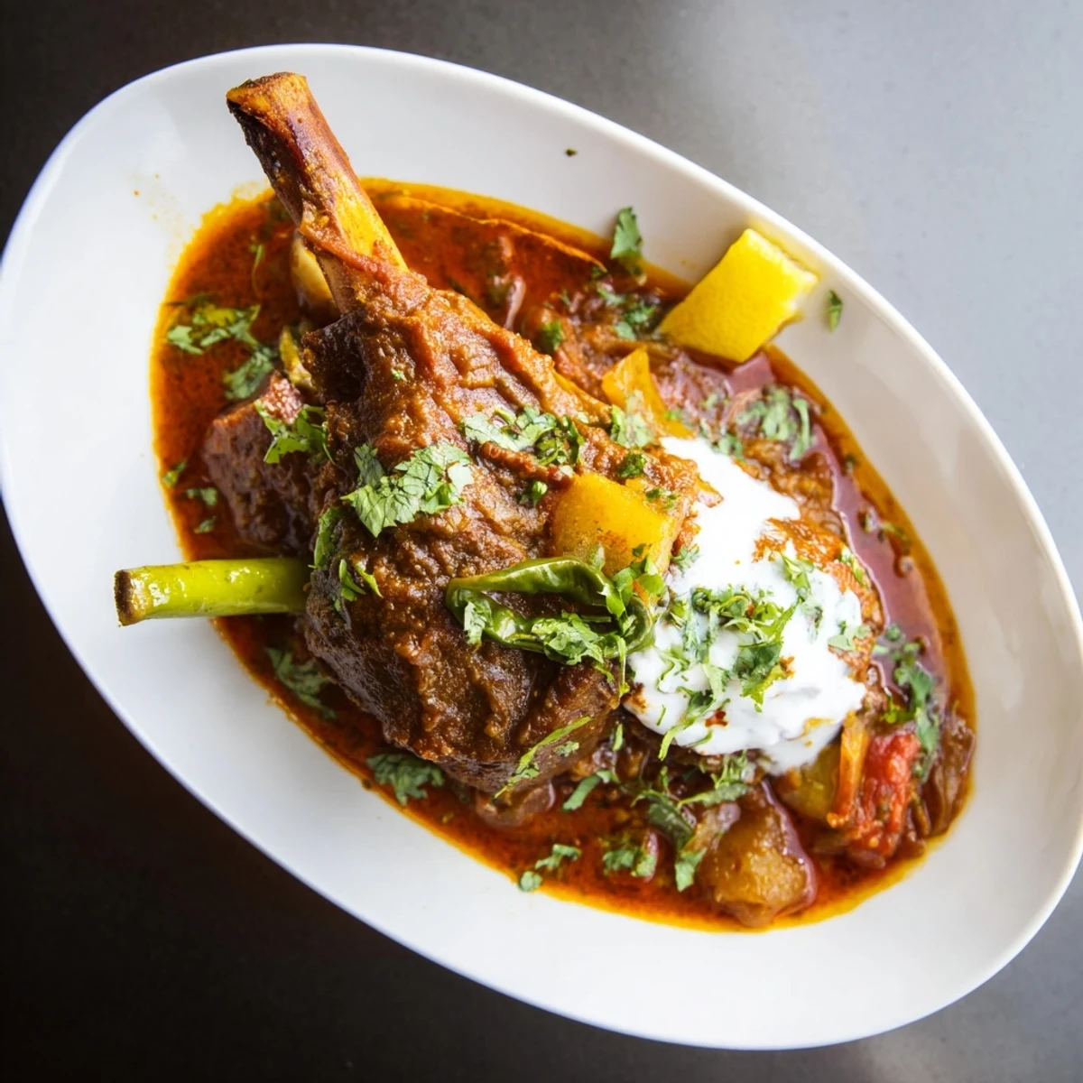 A cozy bowl of Slow Cooked Indian Lamb Shanks garnished with fresh cilantro, resting next to warm naan bread for dipping. 