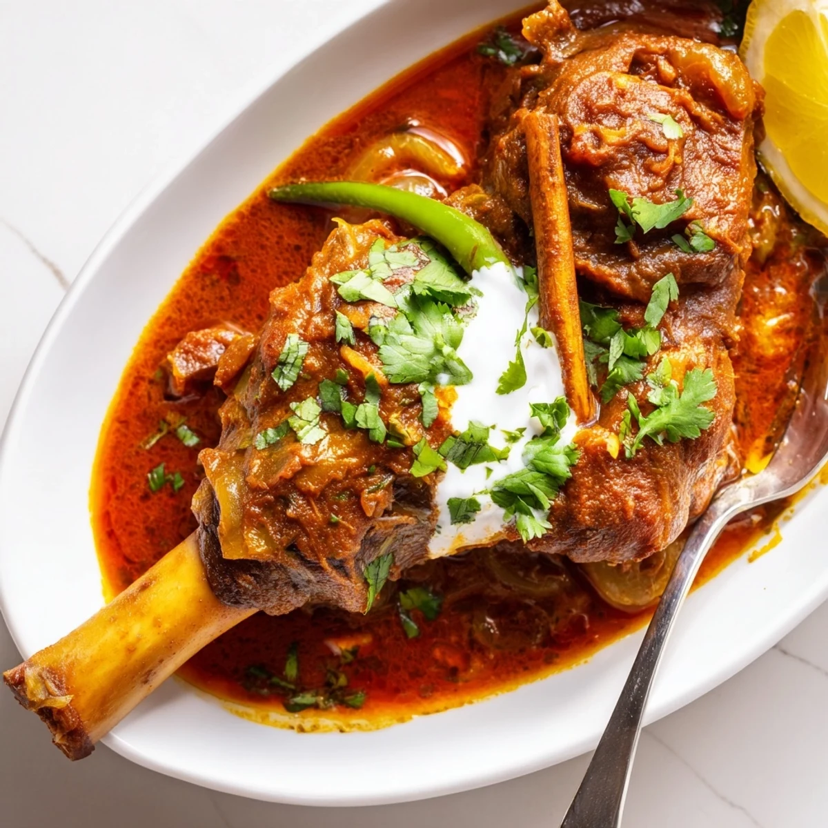 Fall-off-the-bone Slow Cooked Indian Lamb Shanks simmered in a rich gravy, with sliced green chili and yogurt for a creamy finish.