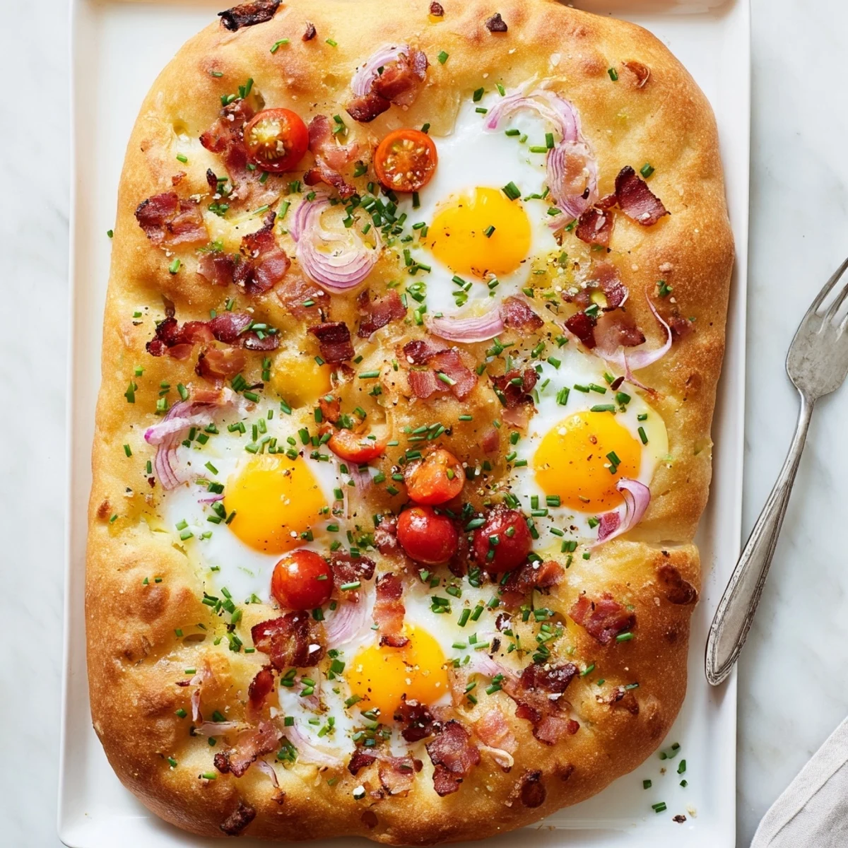 Fluffy Breakfast Focaccia topped with cracked eggs, crispy bacon, and fresh herbs served warm on a wooden board.