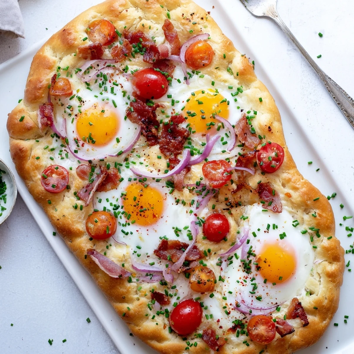 Breakfast Focaccia with savory bacon, runny egg yolks, and cherry tomatoes resting on a rustic baking tray.