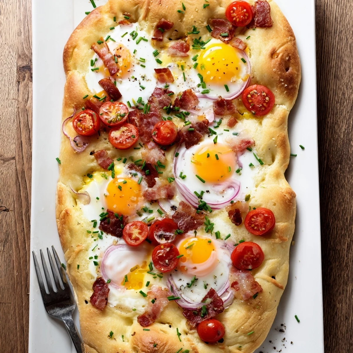 Warm slices of Breakfast Focaccia featuring olive oil dimples, crispy bacon bits, and fresh chives on a plate.