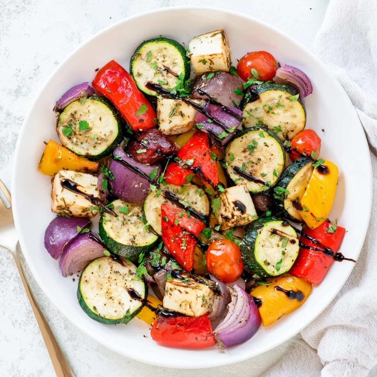 Italian Roasted Vegetables are arranged with colorful bell peppers and zucchini, roasted until tender and caramelized for a flavorful vegan meal.
