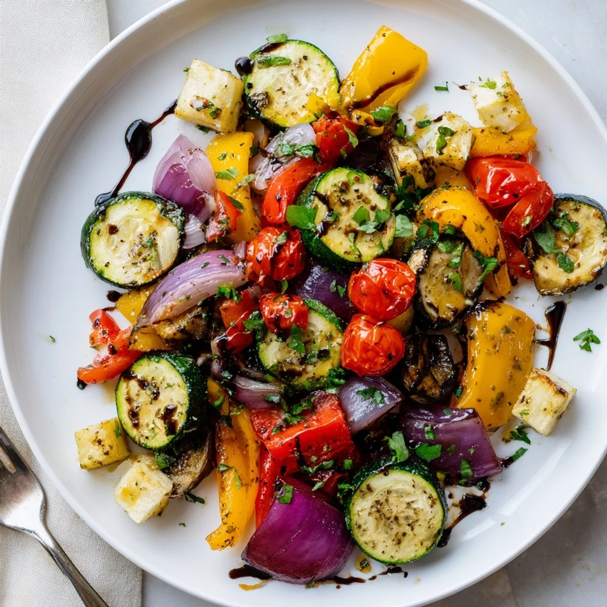 A vibrant serving of Italian Roasted Vegetables topped with fresh parsley and balsamic glaze, perfect alongside grilled chicken or pasta.