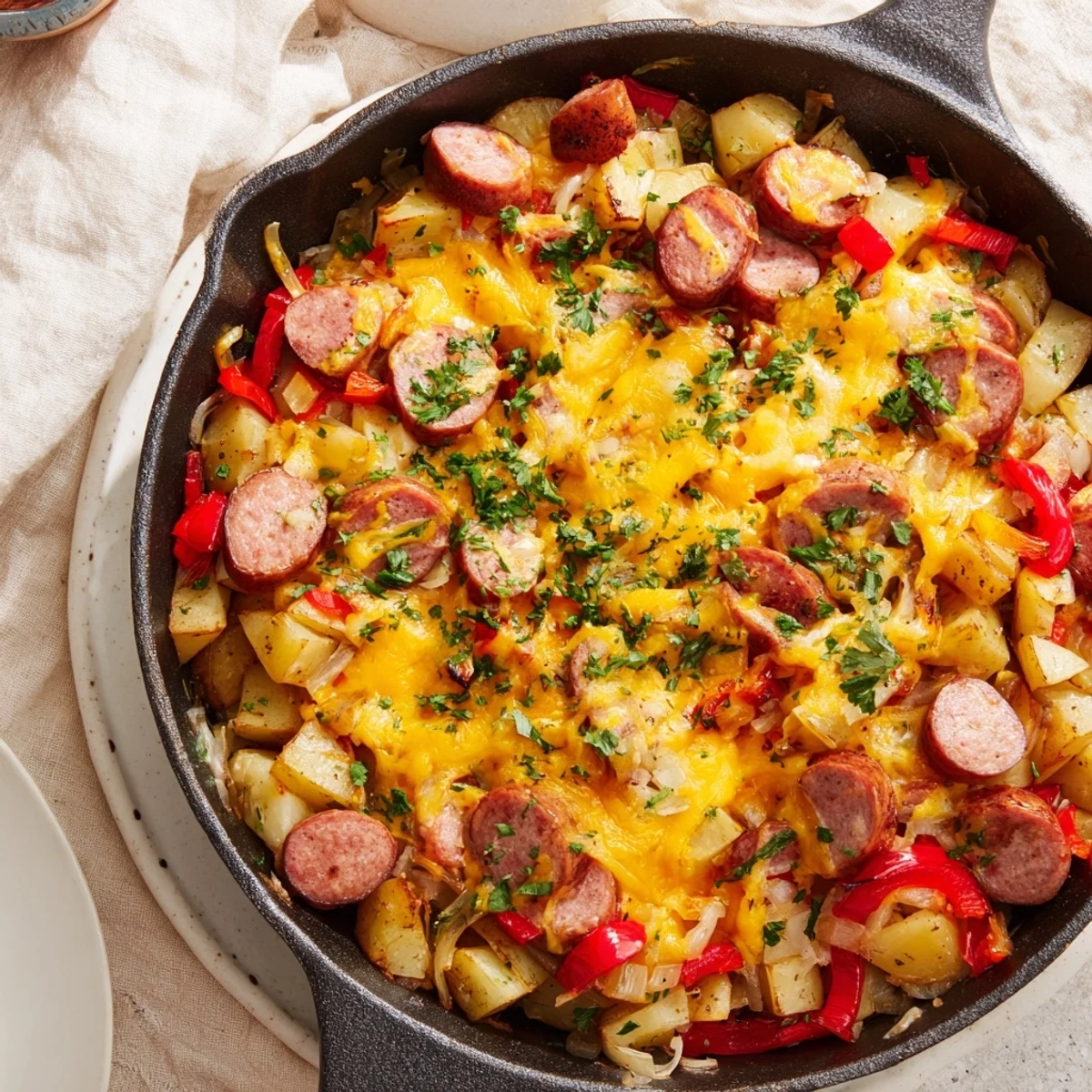 Hearty slices of smoked sausage and tender potatoes fill this savory Cheesy Sausage and Potato Skillet Bake.