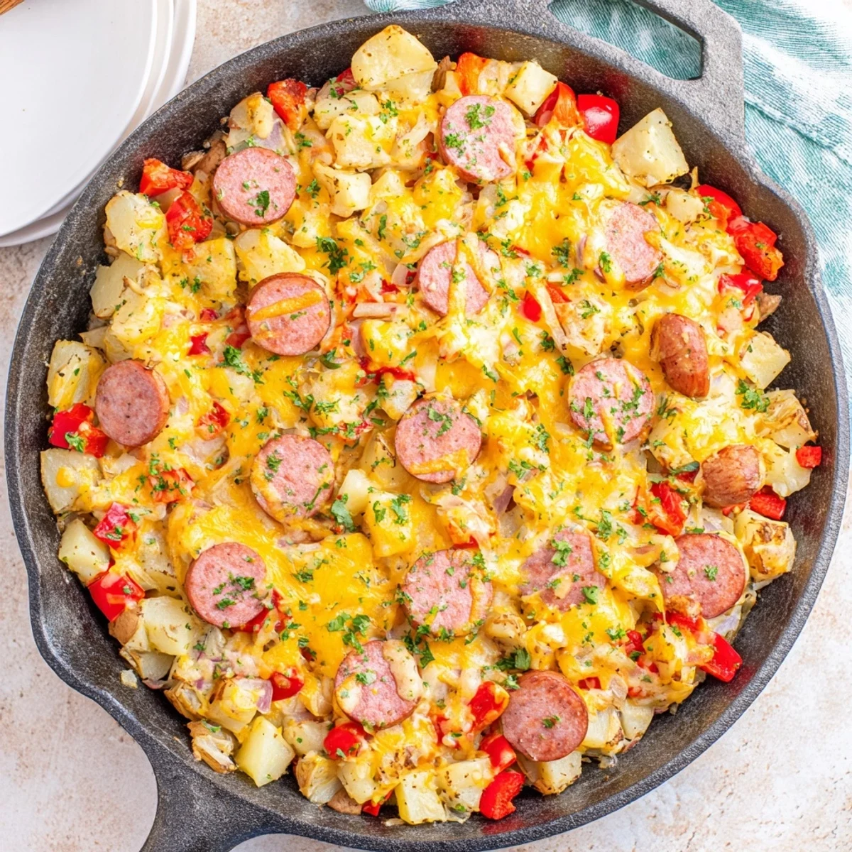 A rustic skillet showcases the bubbling Cheesy Sausage and Potato Skillet Bake ready for weeknight dinner.