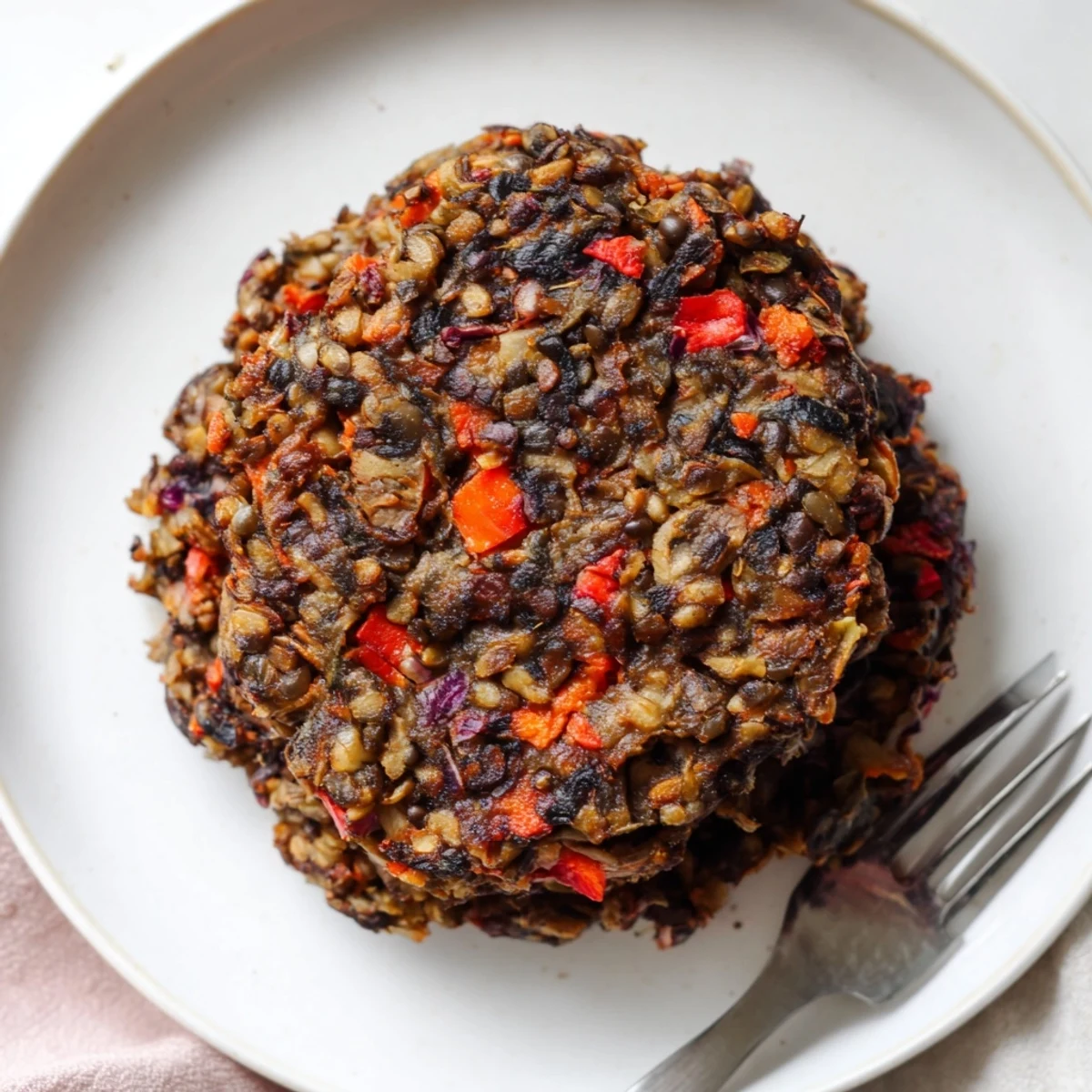 Hearty mushroom veggie burgers on a plate with sweet potato fries and a green salad.