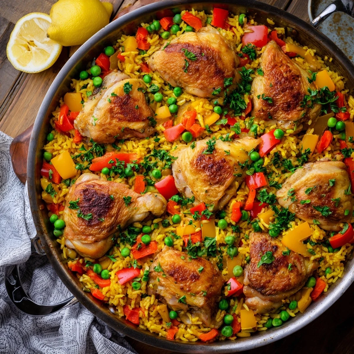 Golden-brown, skin-on chicken thighs rest atop a vibrant bed of saffron-infused rice, red bell peppers, and green peas in this One Pan Spanish Chicken and Rice Bake.