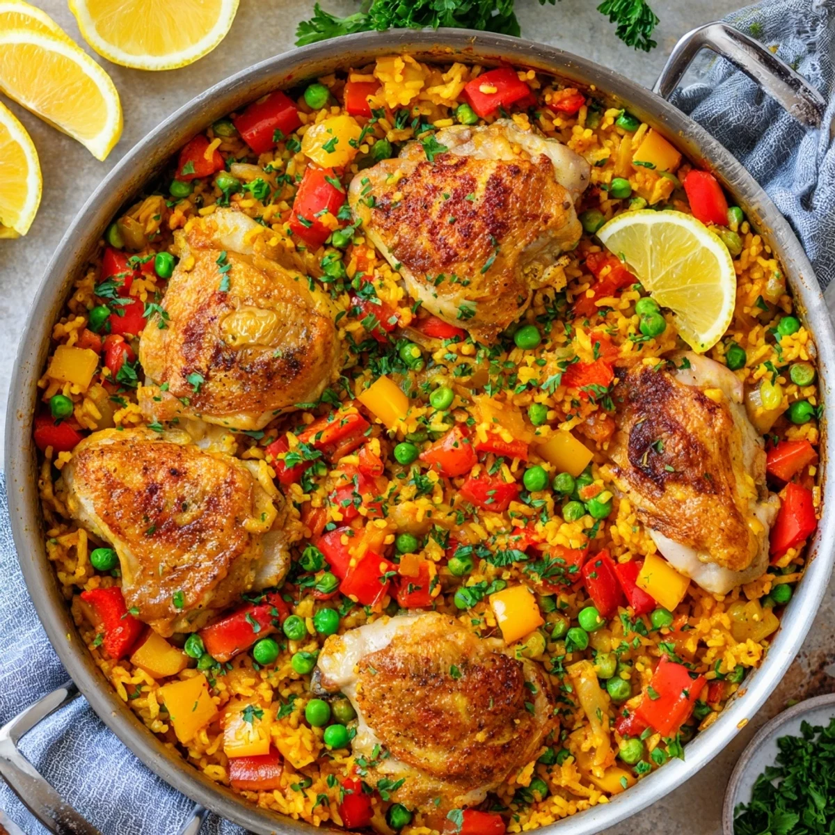 Close-up of the One Pan Spanish Chicken and Rice Bake showing golden chicken and colorful vegetables in a savory, oven-baked skillet ready for a family meal.