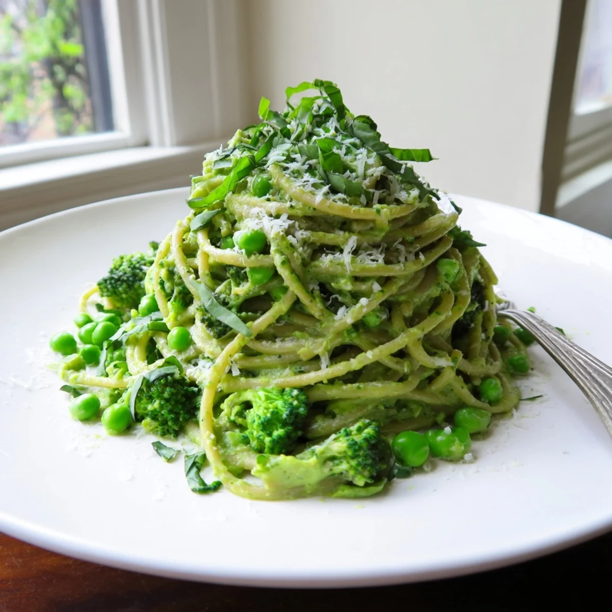 A fork lifts a bite of Veggie Smuggler Avocado Pasta with peas and fresh basil.
