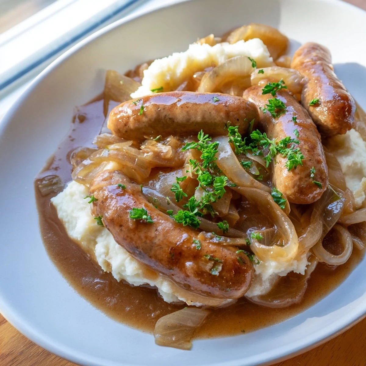 Golden brown sausages nestled in rich onion gravy served over creamy mashed potatoes, garnished with fresh parsley.