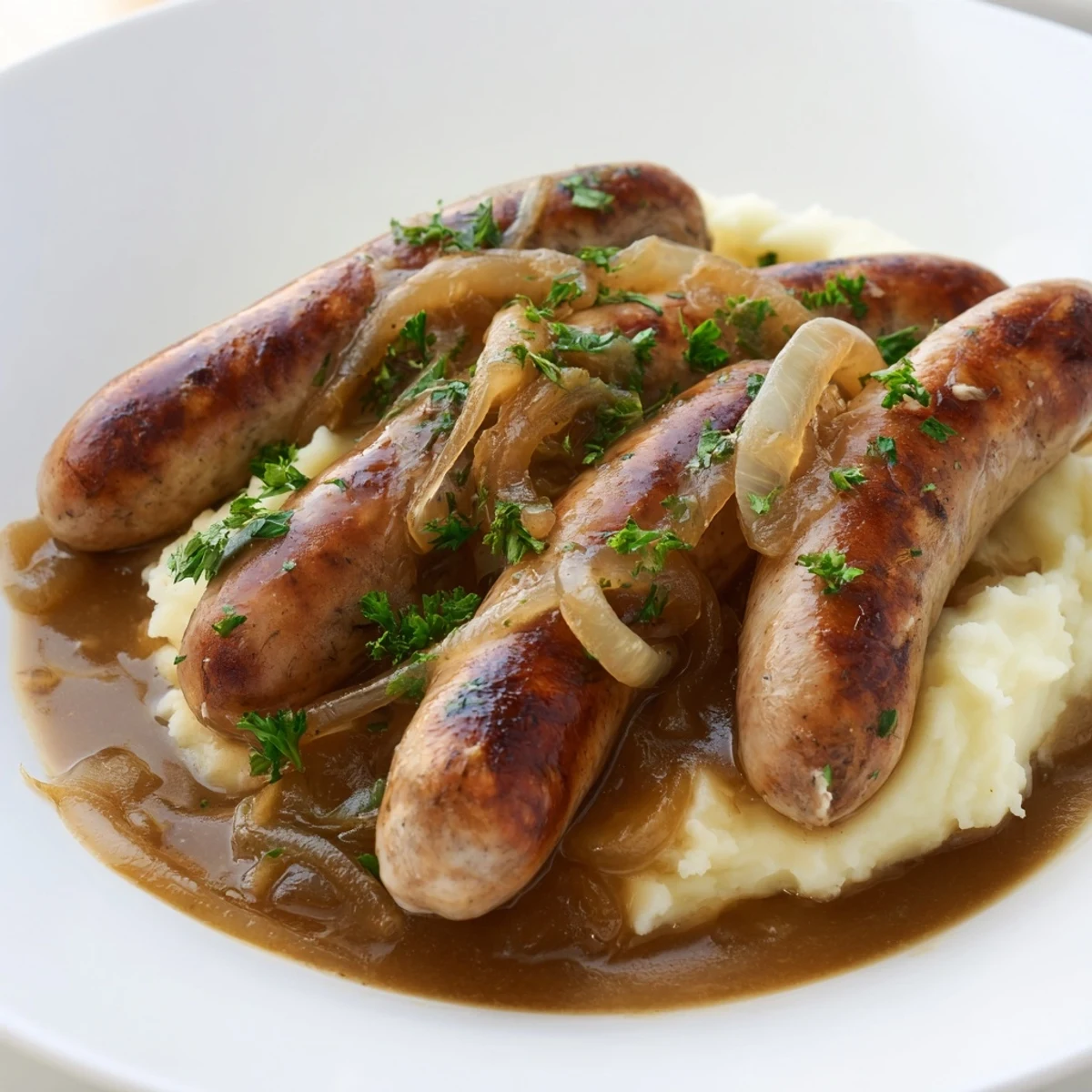 Hearty Sausages in Onion Gravy simmering in a skillet, releasing savory aromas perfect for a comforting British dinner.