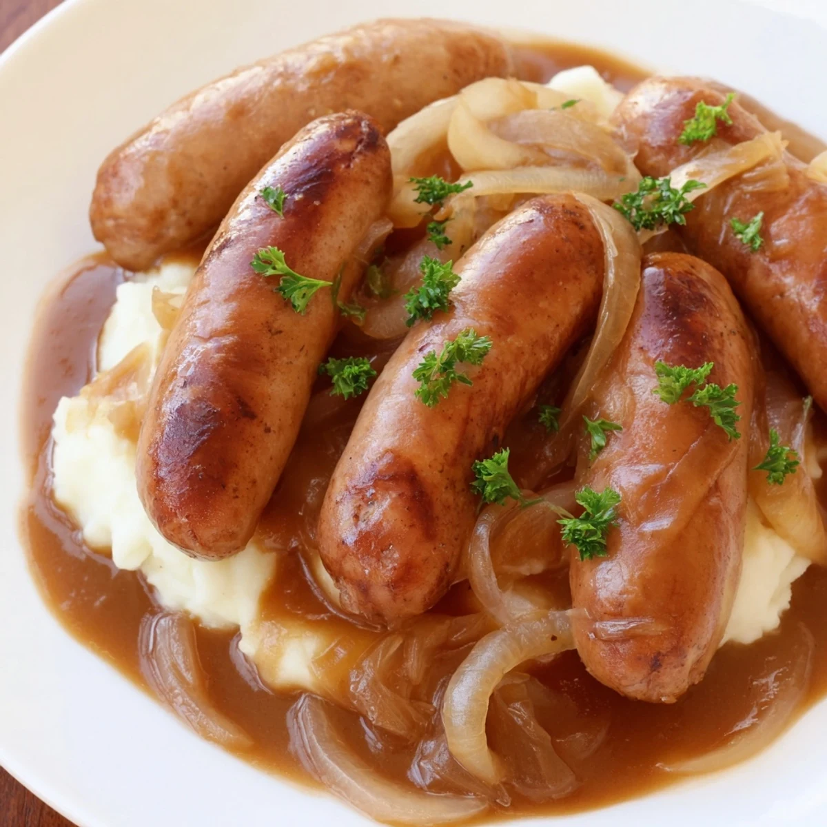 Juicy Sausages in Onion Gravy plated with fluffy mashed potatoes, ready for a cozy family meal on a weeknight.