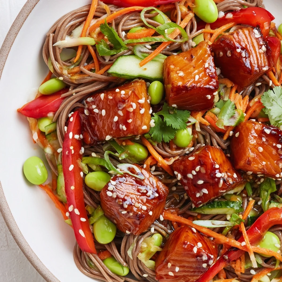 Glossy teriyaki salmon perched atop buckwheat soba noodles with crisp carrots and edamame in sesame dressing.