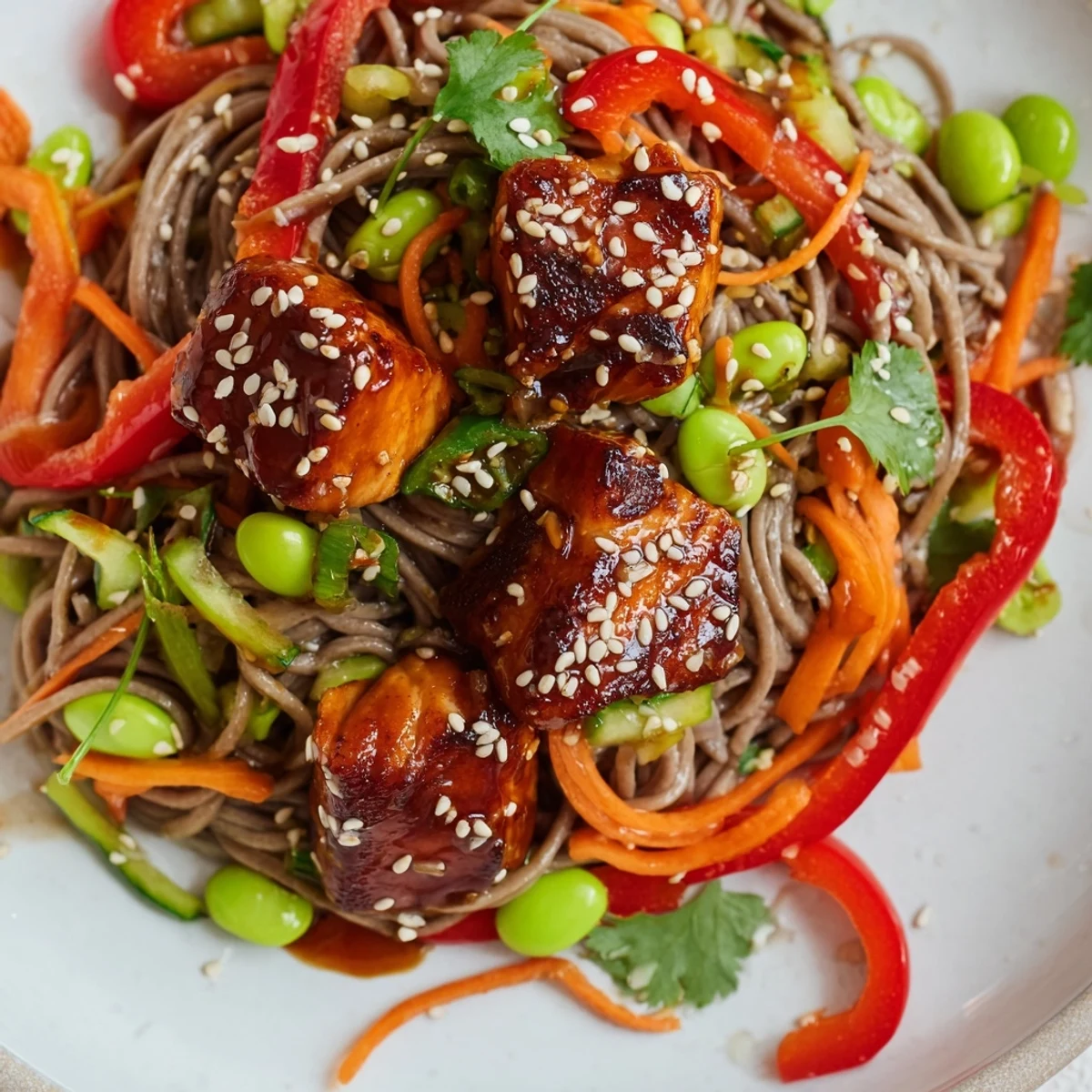 Freshly glazed Teriyaki Salmon Soba Noodle Salad with colorful veggies, toasted sesame seeds, and zesty lime wedges.