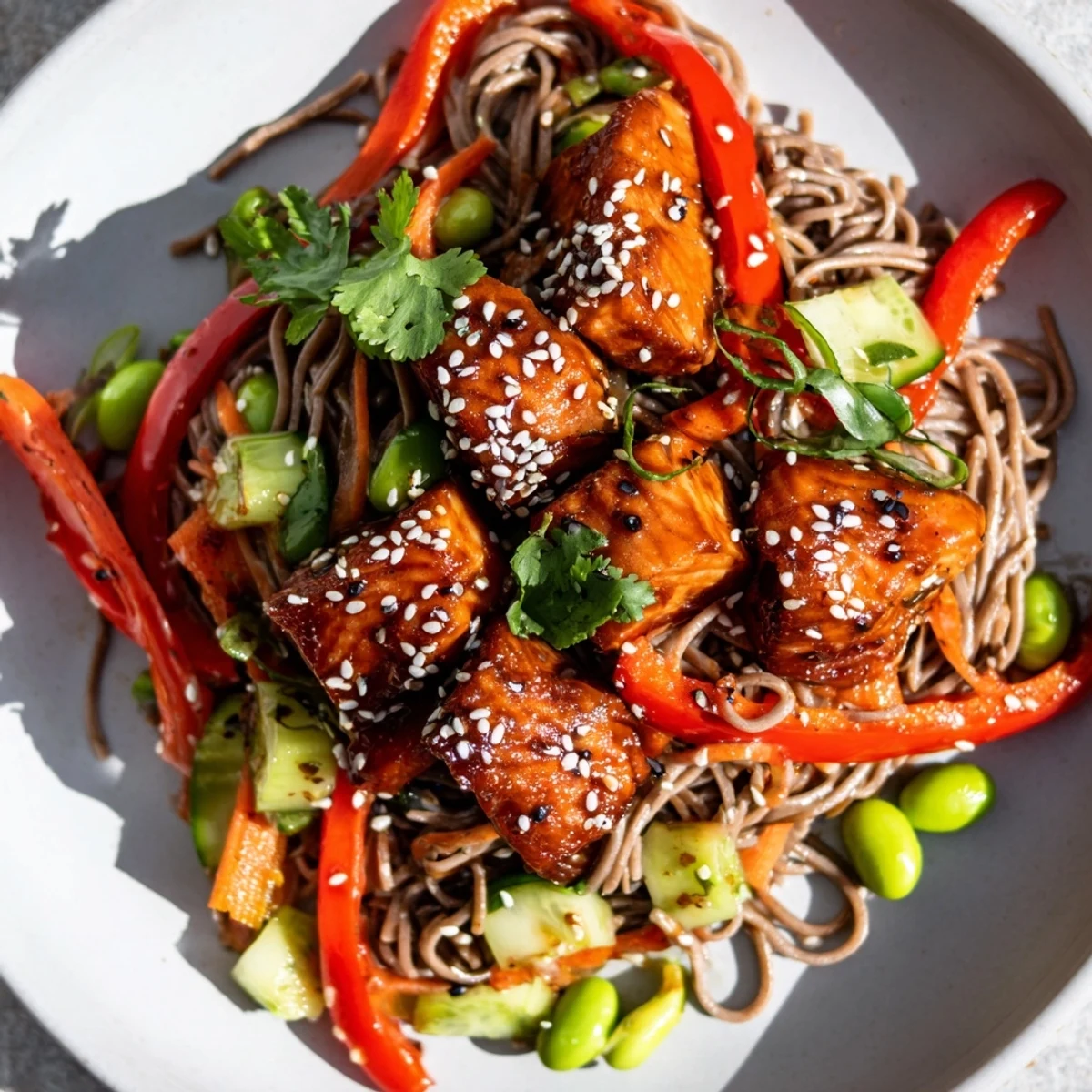 Flaky teriyaki salmon nestled in a vibrant Teriyaki Salmon Soba Noodle Salad with cucumber and red pepper.