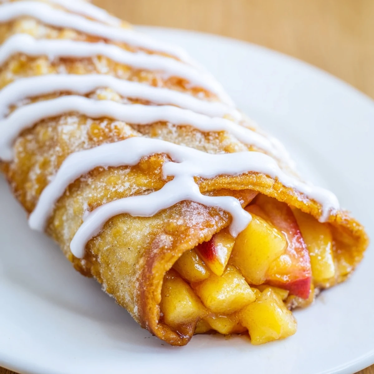 Crispy Peach Cobbler Egg Rolls dusted with cinnamon and drizzled with vanilla glaze on a plate.