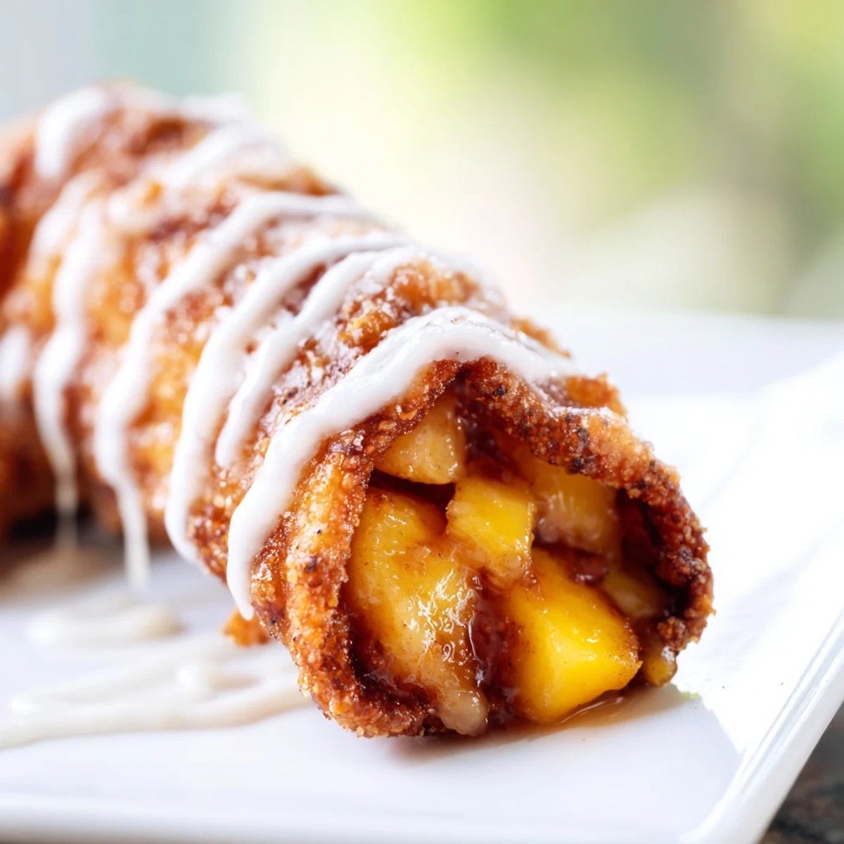 Freshly fried Peach Cobbler Egg Rolls filled with warm, juicy peaches beside a scoop of vanilla ice cream.