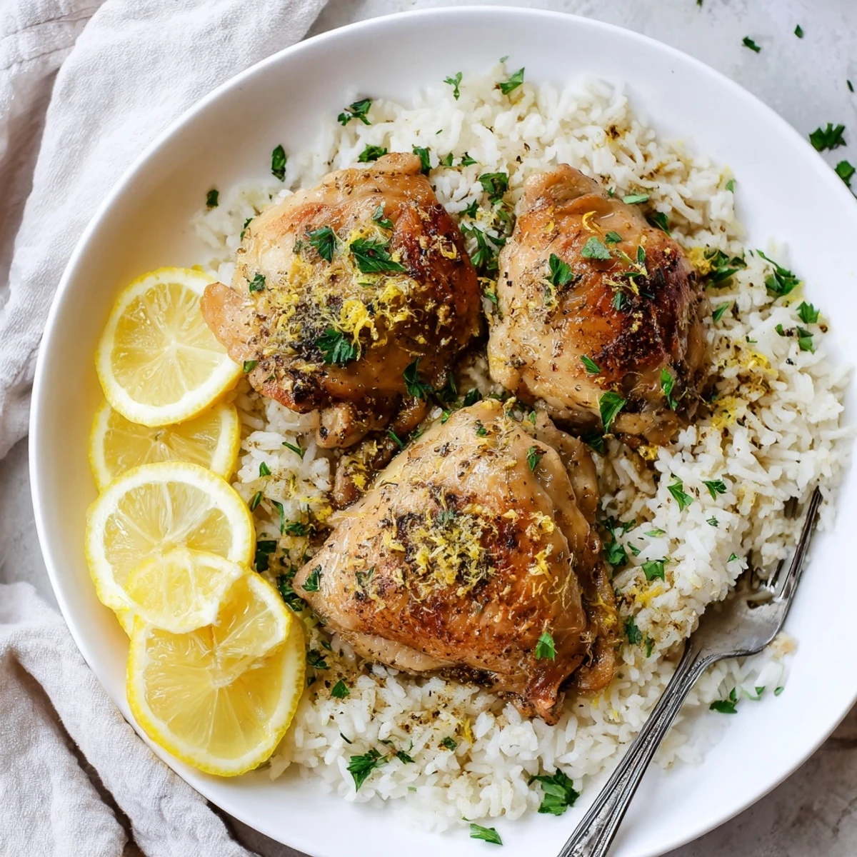 Golden-brown, tender Slow Cooker Lemon Herb Chicken With Fluffy Rice steaming on a plate with fresh parsley garnish.  