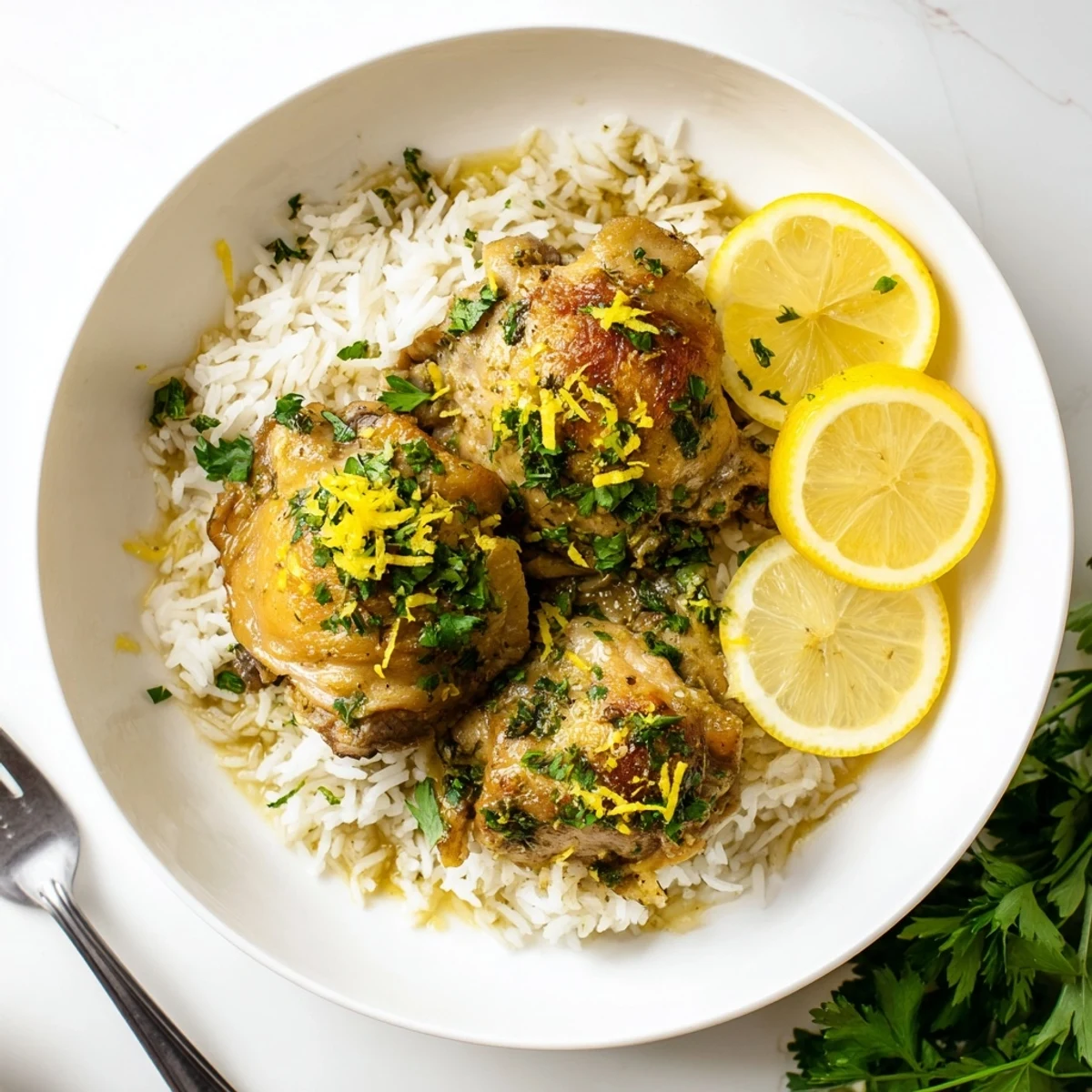Juicy Slow Cooker Lemon Herb Chicken served over fluffy rice, drizzled with bright lemon herb pan sauce.  