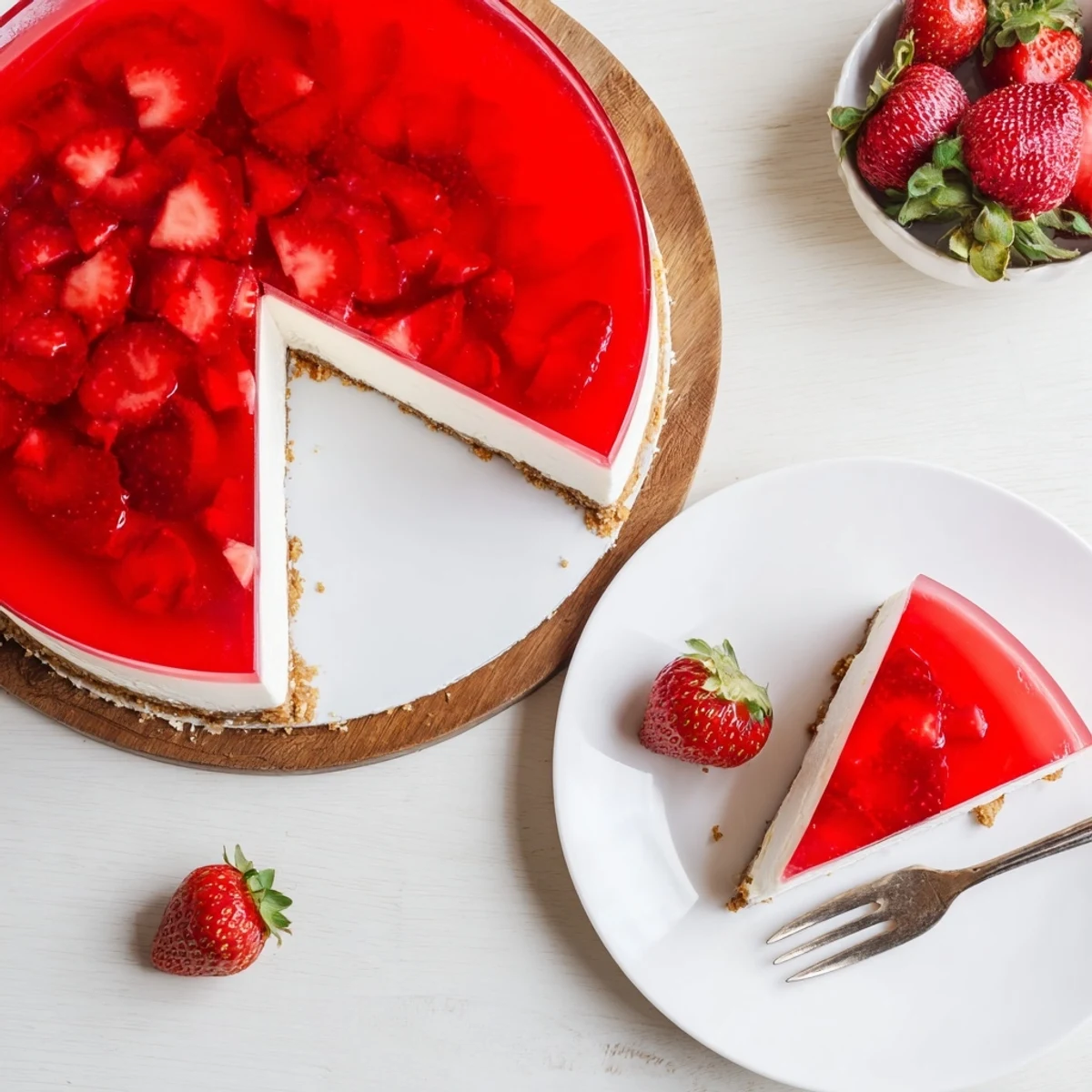Creamy No Bake Greek Yogurt Jello Cheesecake with a refreshing fruit layer and graham cracker crust served chilled.