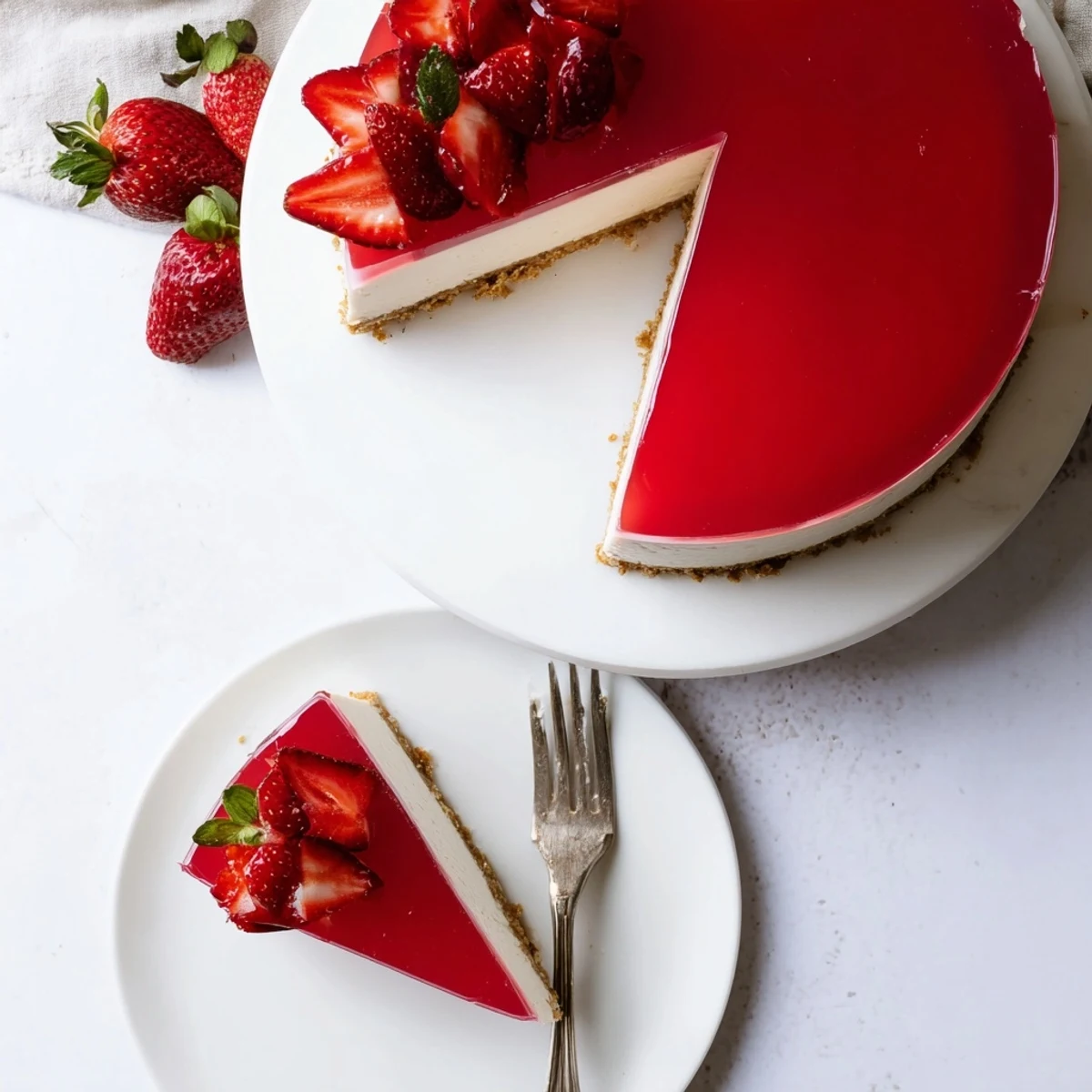 No Bake Greek Yogurt Jello Cheesecake sliced and topped with fresh berries on a buttery graham cracker base.