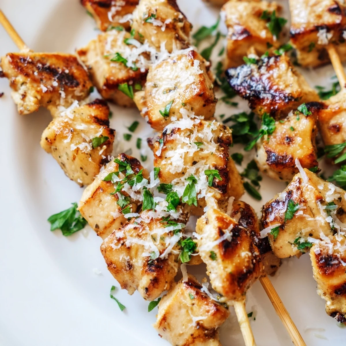 Golden-brown Ranch Garlic Parmesan Chicken Skewers rest on a rustic wooden board, topped with fresh parsley.