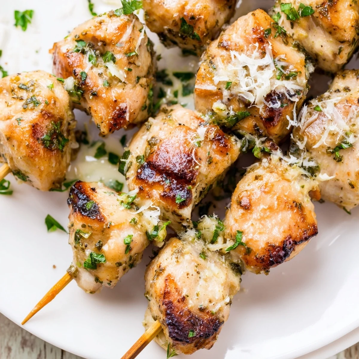 A close-up of Ranch Garlic Parmesan Chicken Skewers sizzling on a grill with melted Parmesan.