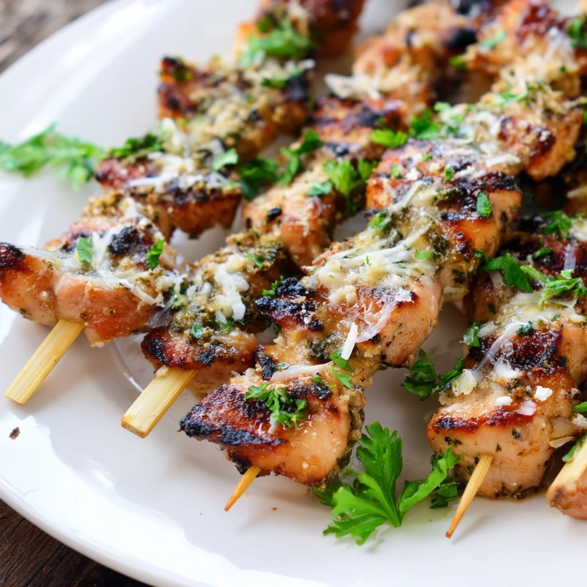 Ranch Garlic Parmesan Chicken Skewers served over rice with a side salad and lemon wedges.