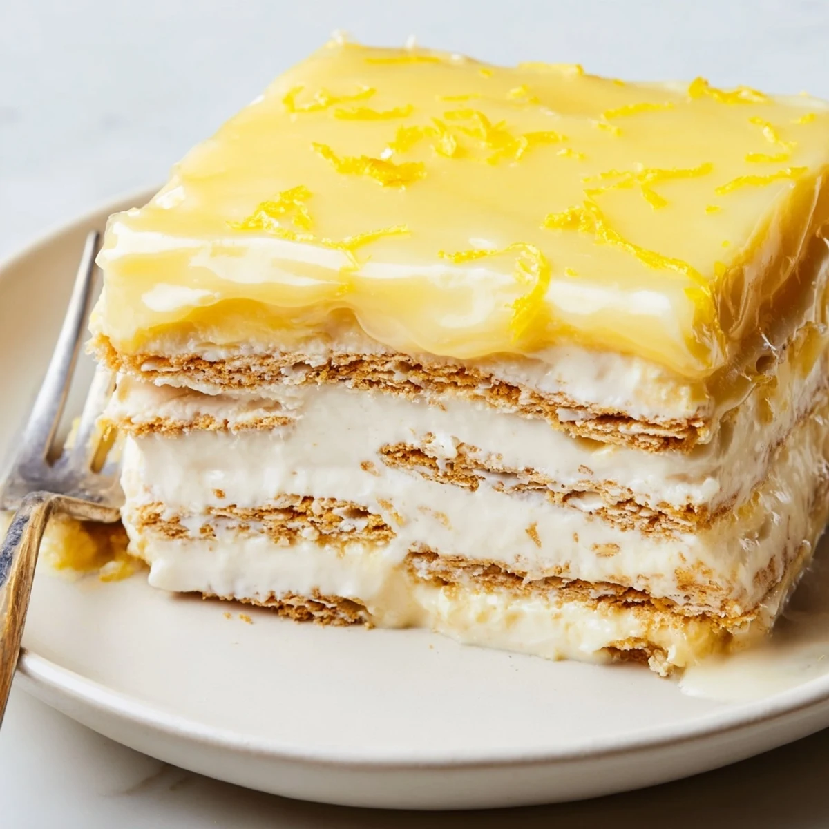 A chilled slice of No Bake Lemon Eclair Cake shows creamy layers and a smooth lemon glaze.