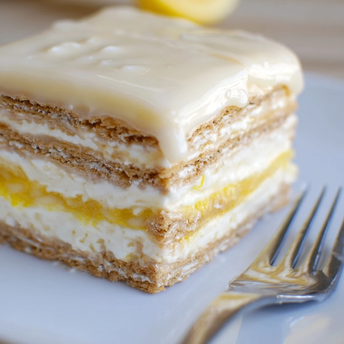 No Bake Lemon Eclair Cake features graham crackers, lemon pudding, and whipped topping on a platter.