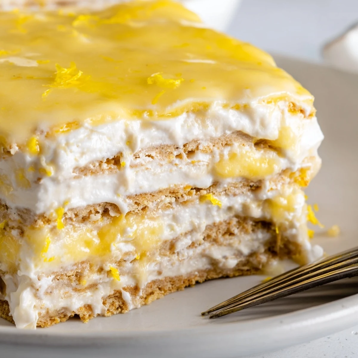 In a 9x13 dish, No Bake Lemon Eclair Cake layers graham crackers with lemon cream and glaze.