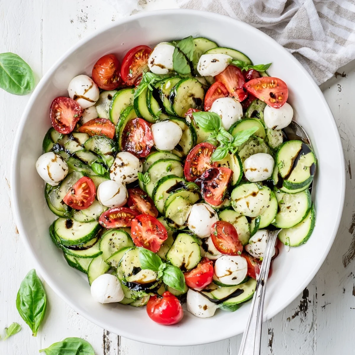 A bowl of Juicy Cucumber Caprese Salad with ripe tomatoes and mozzarella, drizzled with tangy balsamic dressing.