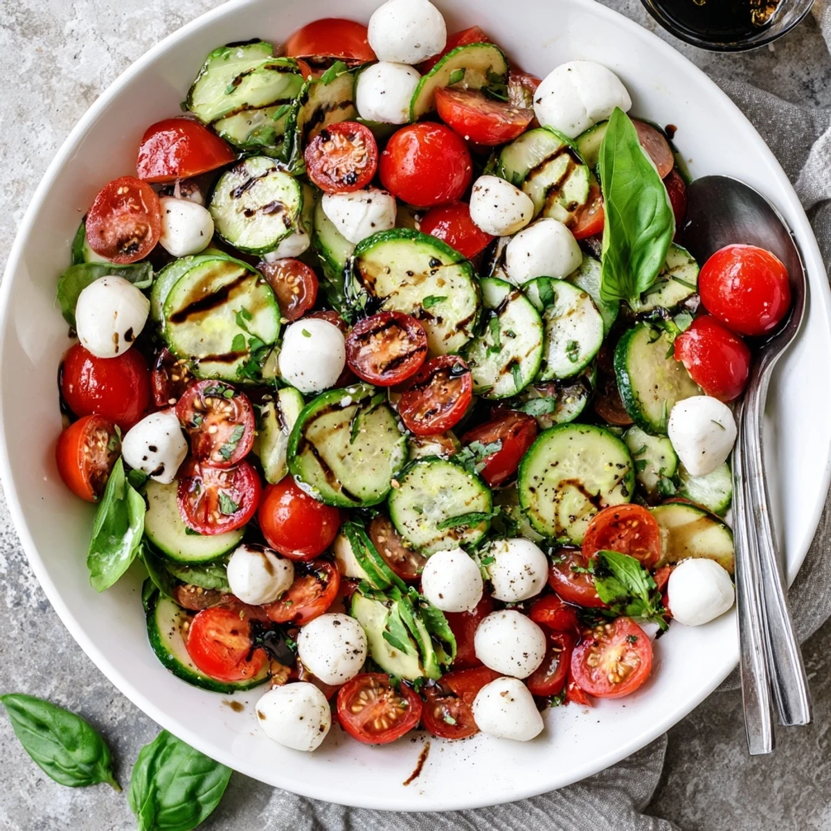 Juicy Cucumber Caprese Salad features crisp cucumber slices, fresh basil, and creamy mozzarella balls in a vibrant presentation.