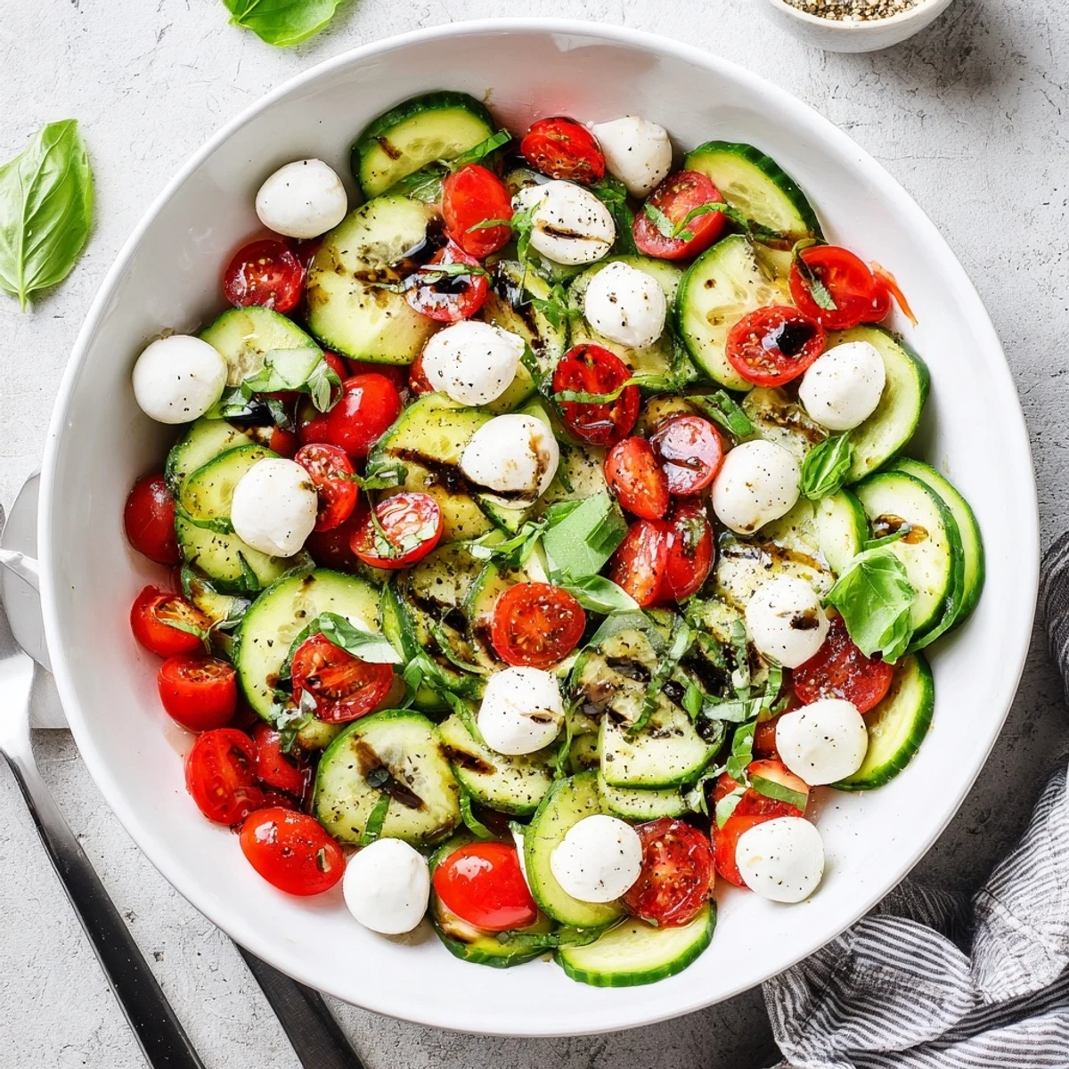 Serving Juicy Cucumber Caprese Salad on a wooden board with drizzled balsamic glaze for a fresh summer appetizer.