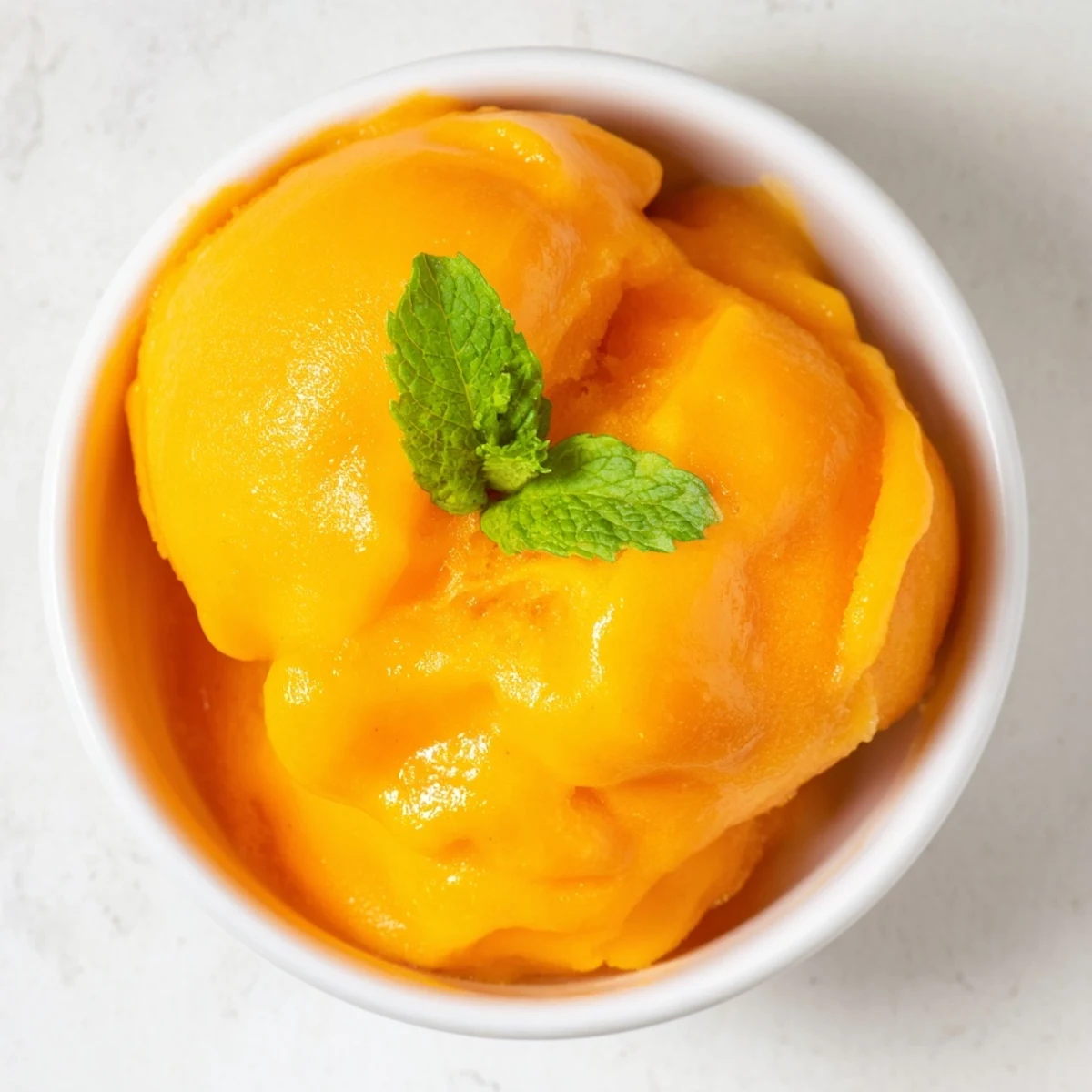 Vibrant Mango Strawberry Sorbet in a glass dish, showing bright orange and pink swirls for summer.