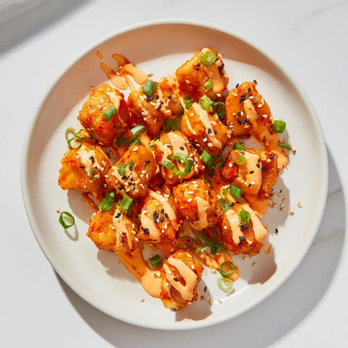 Freshly fried Bang Bang Salmon Bites tossed in sauce, served on a white plate.