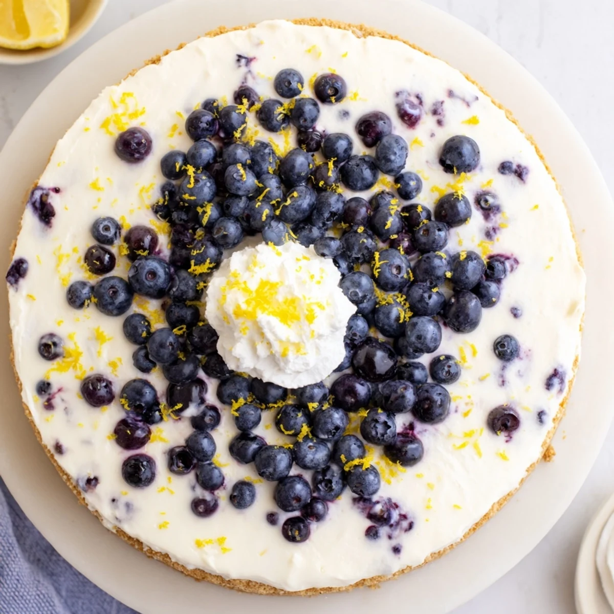 Refreshing no bake lemon blueberry cream cake showing cross section of fruity filling and crumbly base