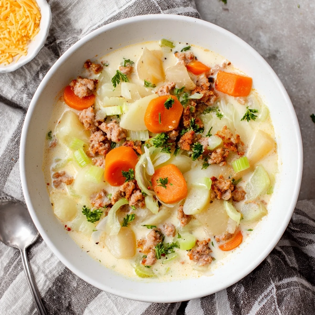 Creamy pork sausage potato soup garnished with fresh parsley and grated cheddar cheese