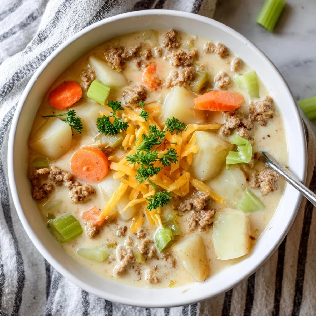 Hearty pork sausage potato soup served with crusty bread for a comforting meal
