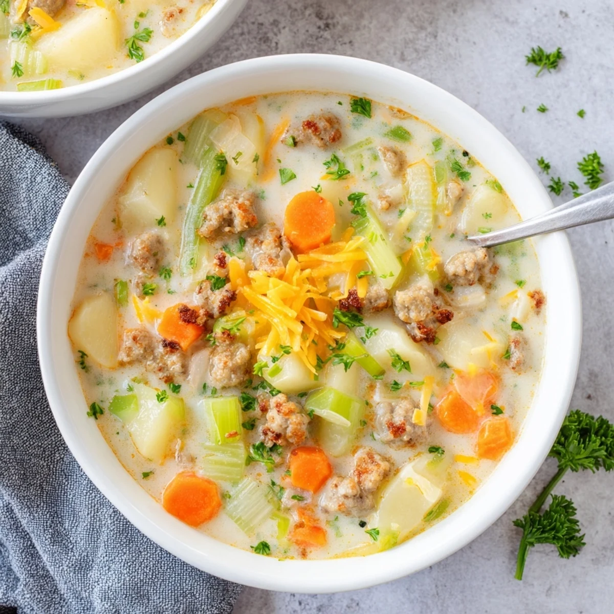 Bowl of simple pork sausage potato soup featuring tender potatoes and savory sausage crumbles