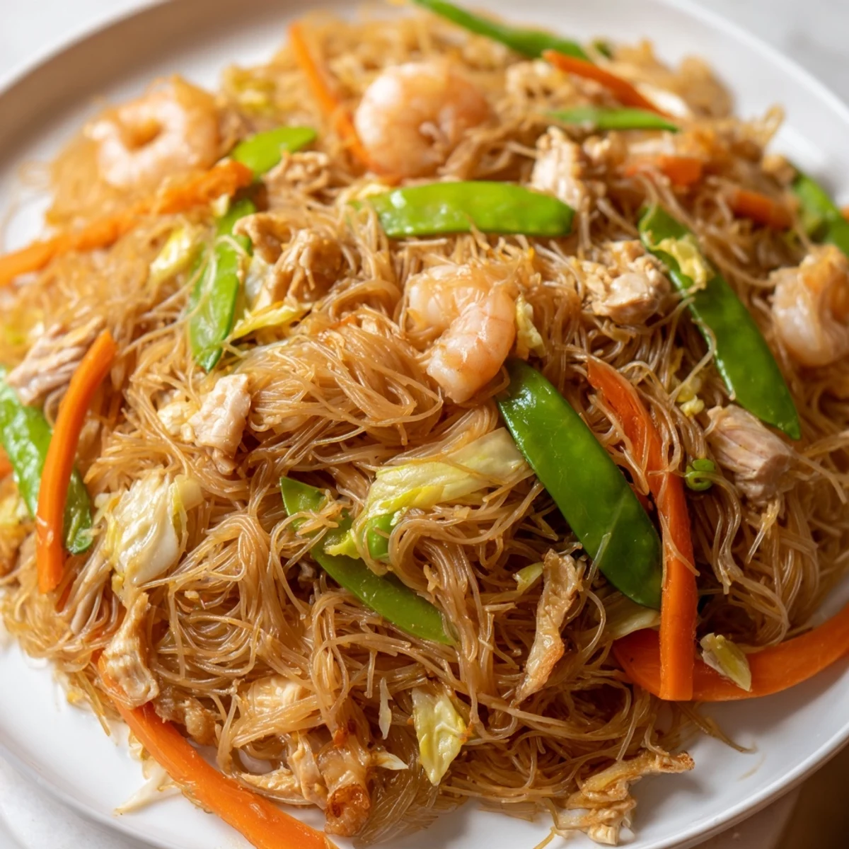 Golden traditional Pancit Bihon topped with tender chicken, shrimp, and fresh scallions