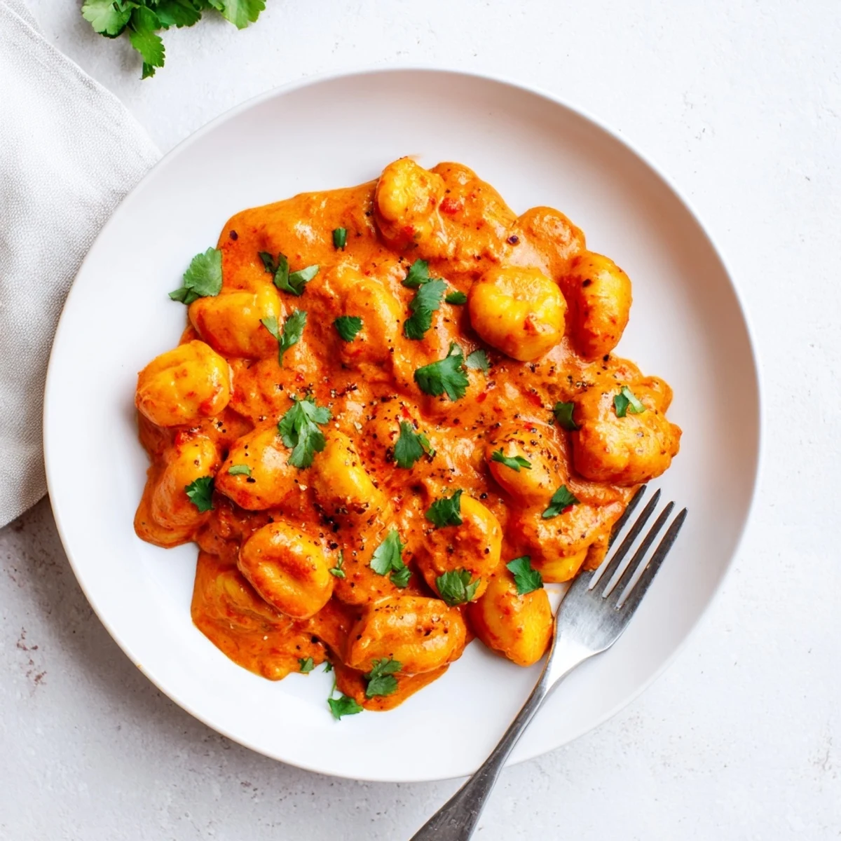 Creamy tikka masala gnocchi in a rich spiced tomato sauce garnished with fresh cilantro