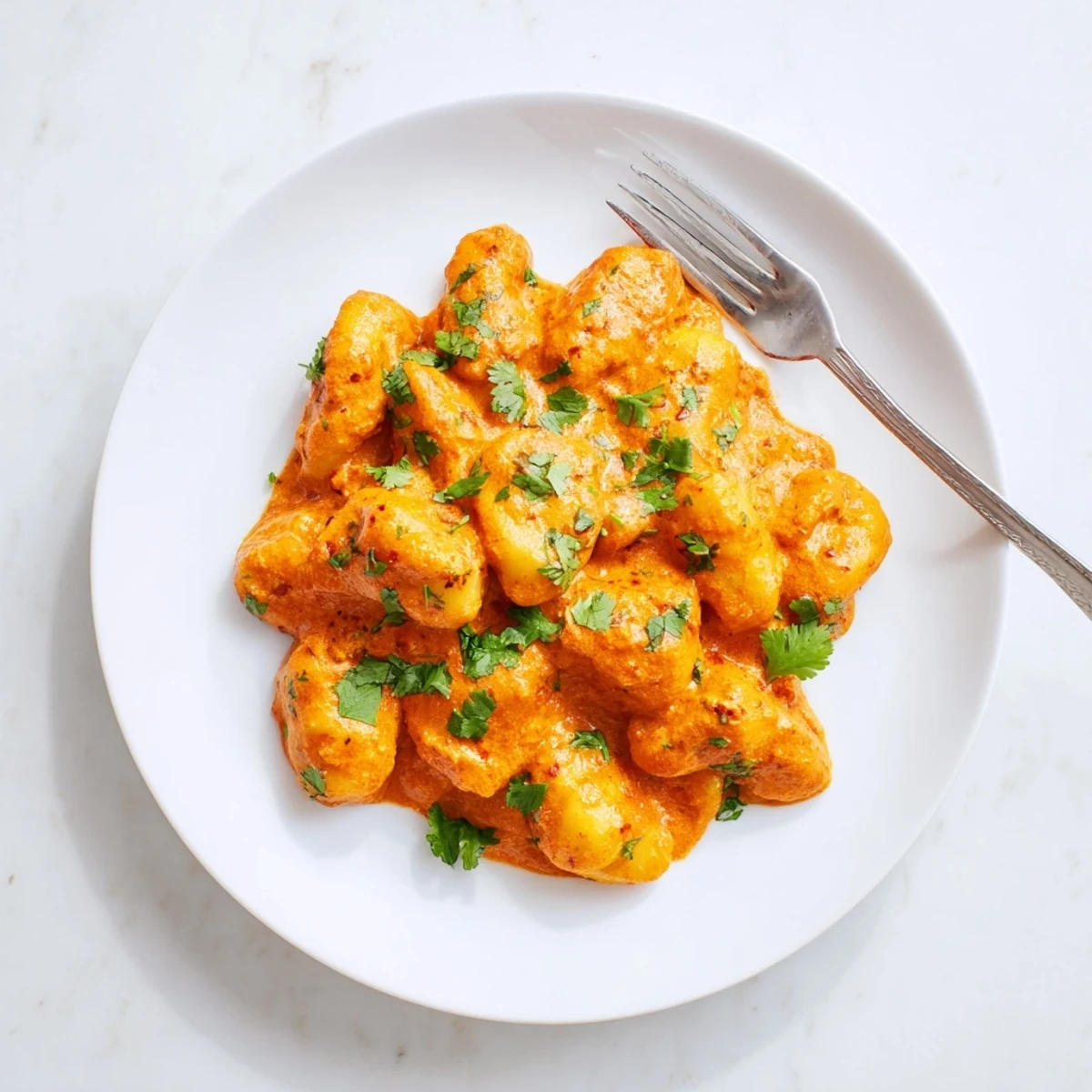 Pillowy potato gnocchi coated in aromatic Indian tikka masala sauce with cream and yogurt