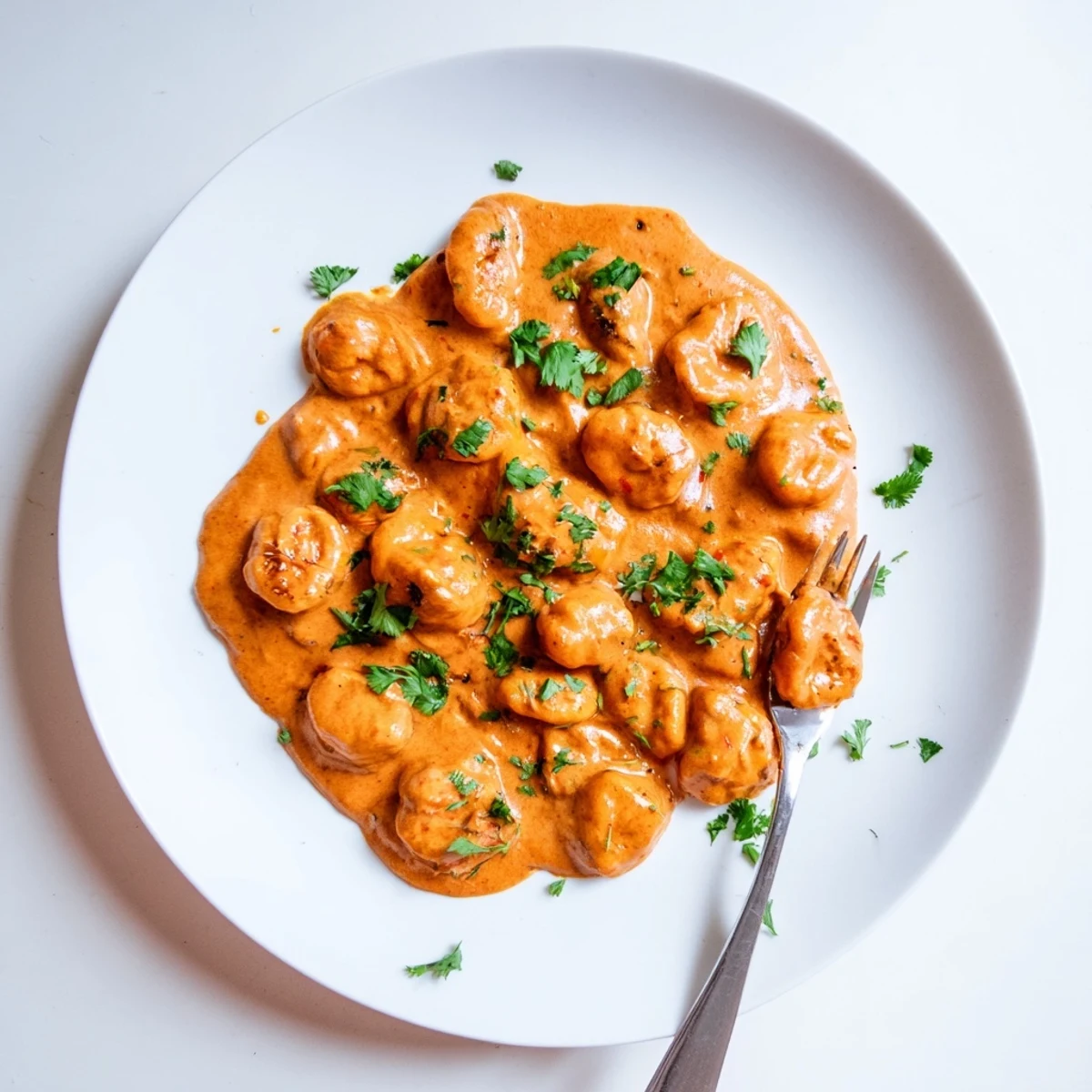 Golden gnocchi simmered in a velvety red tikka masala curry sauce with green cilantro
