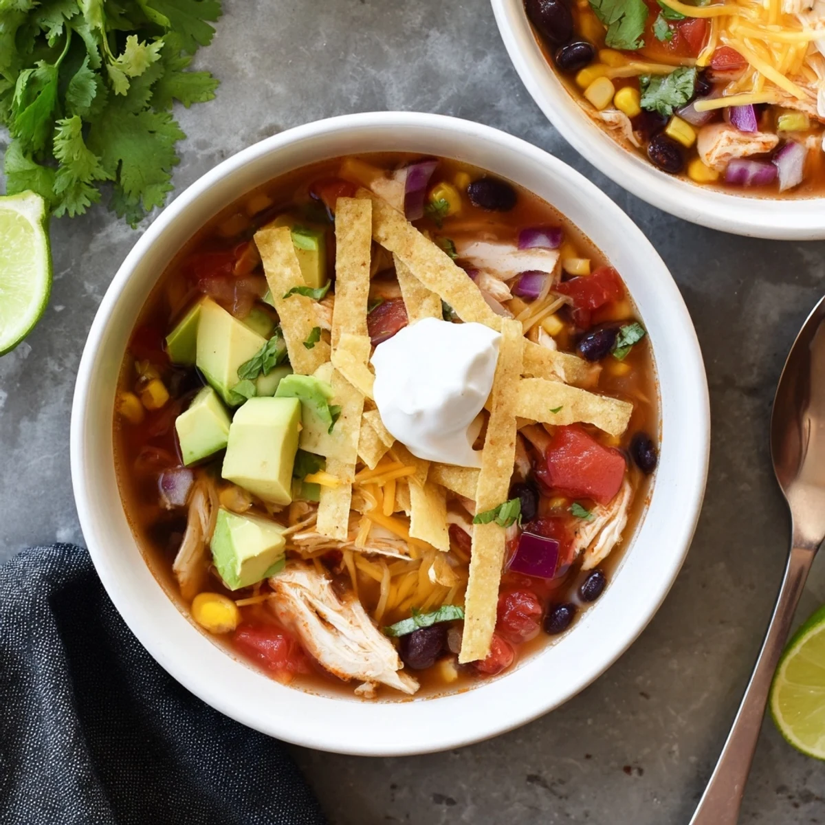 Steaming bowl of classic chicken tortilla soup topped with crispy golden tortilla strips and creamy avocado chunks