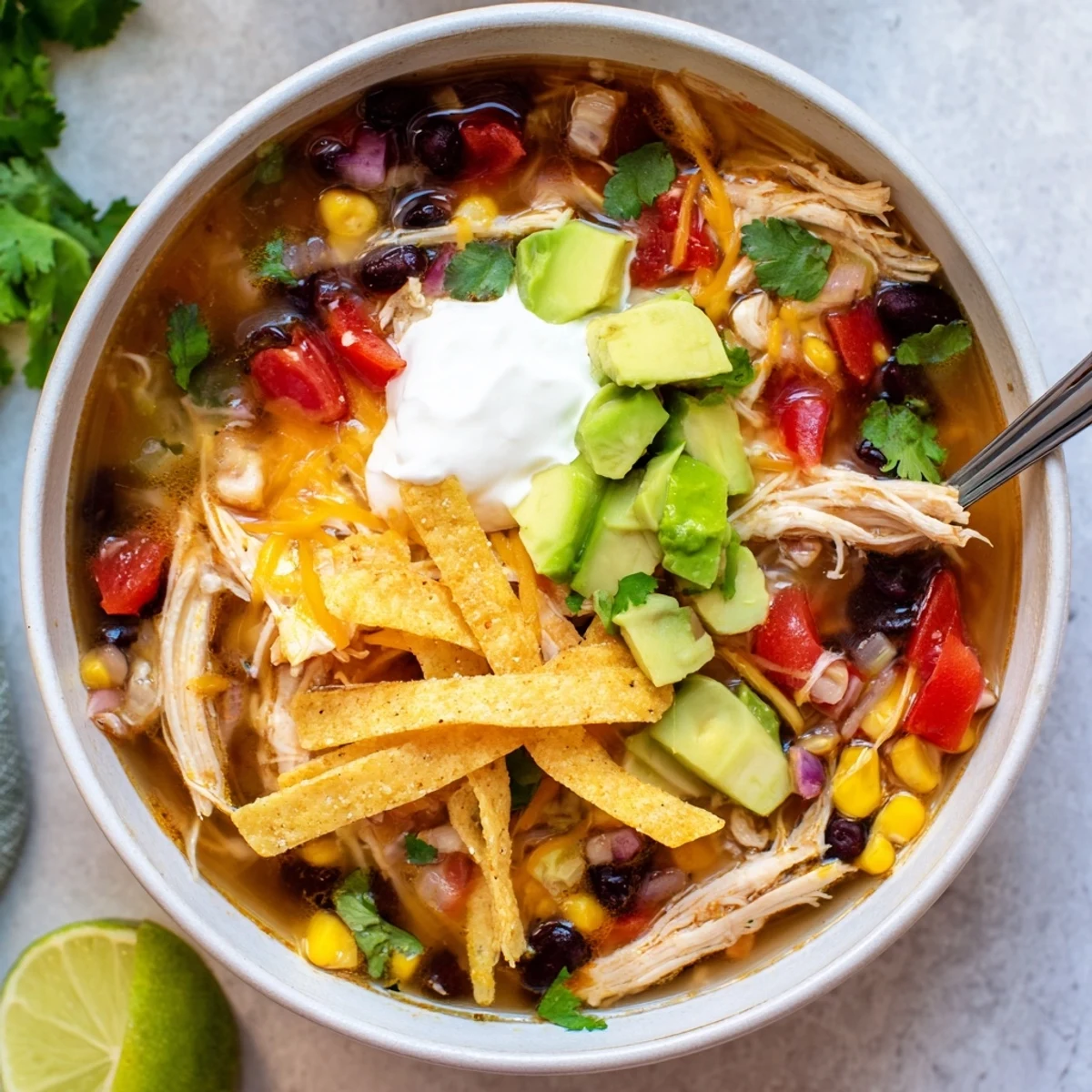 Hearty classic chicken tortilla soup featuring tender shredded chicken, black beans, corn, and crunchy homemade tortilla strips